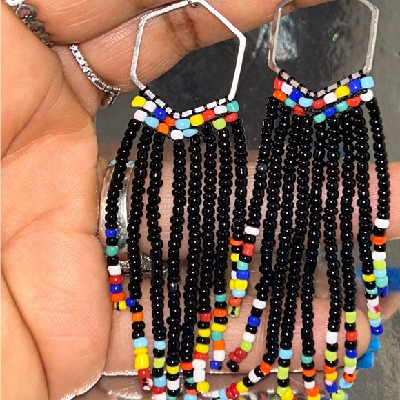Multicolor Beaded Fringe Earrings - Picture 3 of 3